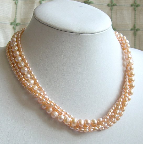 BEAUTIFUL 4ROWS PINK GENUINE CULTURED PEARL NECKLACE