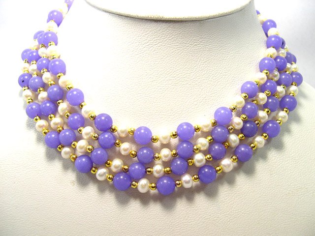 Beautiful 4row Cultured Pearl & Jade Necklace