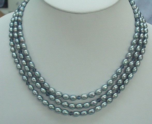 CHARMING 3rows BLUE Cultured Pearl Necklace 925s