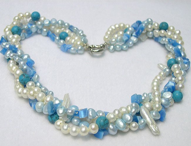 CHARMING 4ROWS WHITE BLUE CULTURED PEARL & GEMS NECKLACE