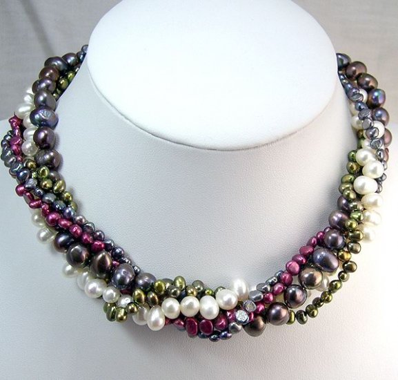 CHARMING 5rows Multicolor Cultured Pearl Necklace 925s