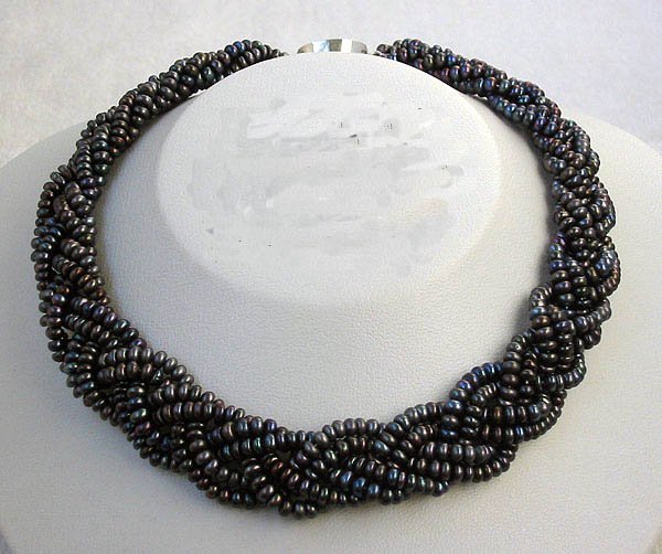 CHarming 6row 4-5mm black cultured pearl weave necklace
