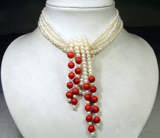 Charming 2row 48'' white Cultured Pearl & coral Necklace