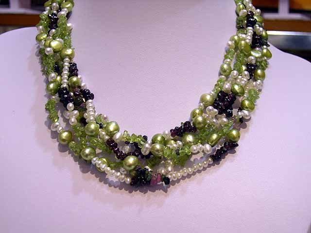 Charming 6rows Cultured Pearl & Garnet NECKLACE 925s