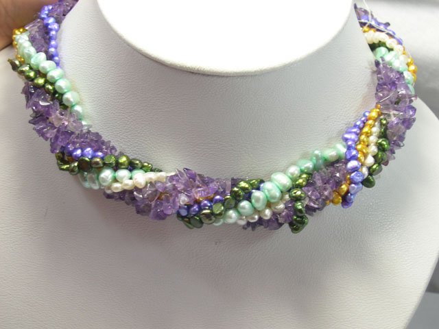 Charming multicolor 7rows cultured PEARL & crystal Necklace