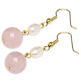 Charming pink jade & white cultured pearl earring 18kgp
