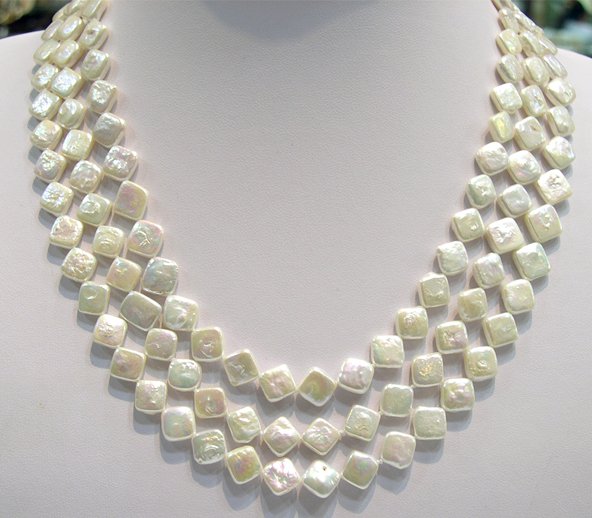 Diamond 17-19'' 3rows White Cultured Pearl Necklace