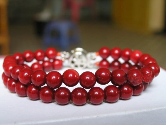 EXCELLENT 2ROWS 8'' RED CORAL BRACELET 925s