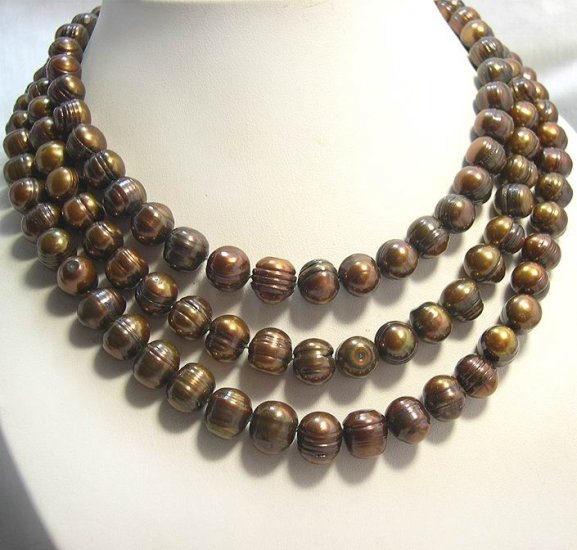 EXCELLENT 3Rows Cultured Pearl Necklace 925S