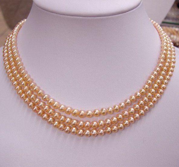 EXCELLENT 3rows pink Cultured Pearl Necklace 925s
