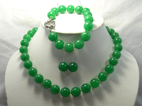 Excellent 12mm green Jade Necklace & bracelet & earring