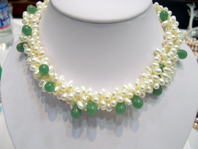 Excelent 17'' 5row white Cultured Pearl & jade Necklace