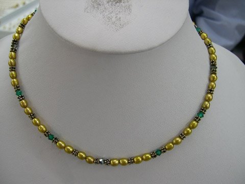 Excelent 17'' Golden Fw Cultured Pearl & crystal Necklace