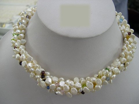 Excelent 18'' 6row white Cultured Pearl & crystal Necklace
