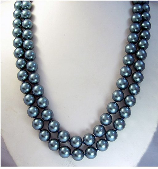 Excelent 2ROWS BLUE SOUTH SEA SHELL Necklace 925S
