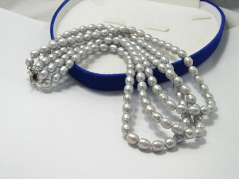 Excelent 3 stands 6-7mm silver FW culture pearl necklace
