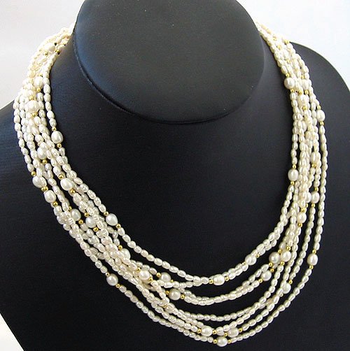 Excelent 3-8mm 8rows white Cultured Pearl Necklace