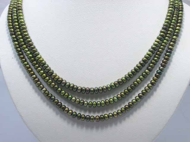 Excelent 3row Green Cultured Pearl NECKLACE & aquamarine