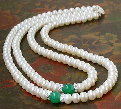 Excellent 2row WHITE CULTURED PEARL & JADE NECKLACE 925