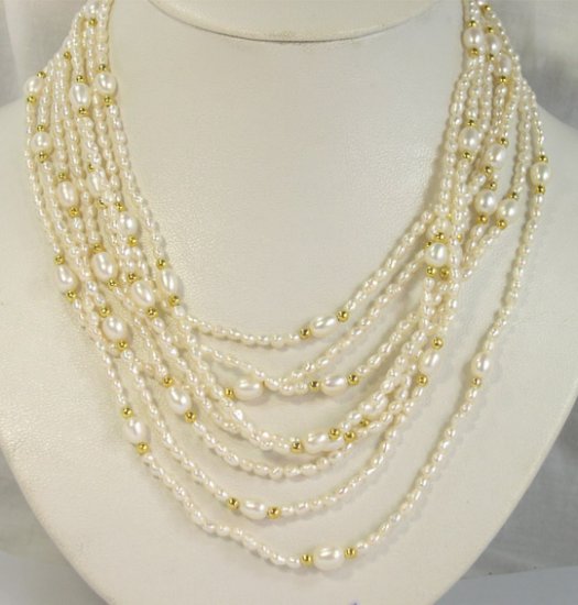 Excellent 3-8mm 8rows white Cultured Pearl Necklace