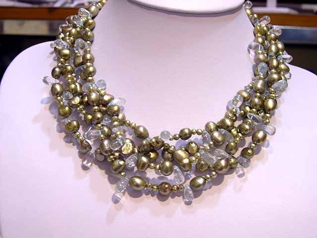 Excellent 5rows Cultured Pearl & crystal NECKLACE 925s