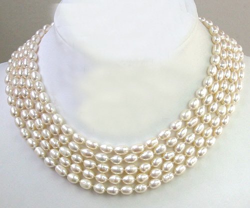 Excellent 5rows WHITE CULTURED PEARL NECKLACE 925S