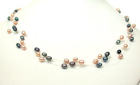 FANCY 5 LINE REAL PEACH & BLACK PEARL NECKLACE