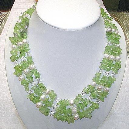Florid 3ROWS white cultured pearl & olive Necklace