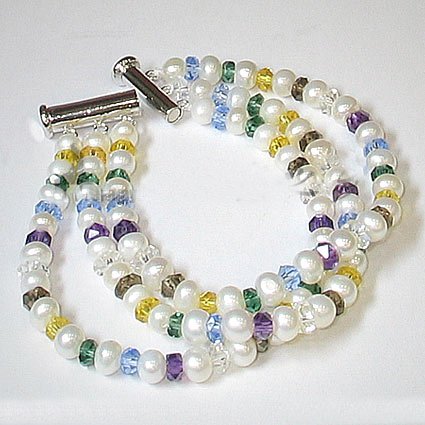 Flowery 3rows white cultured pearl & crystal bracelet 925