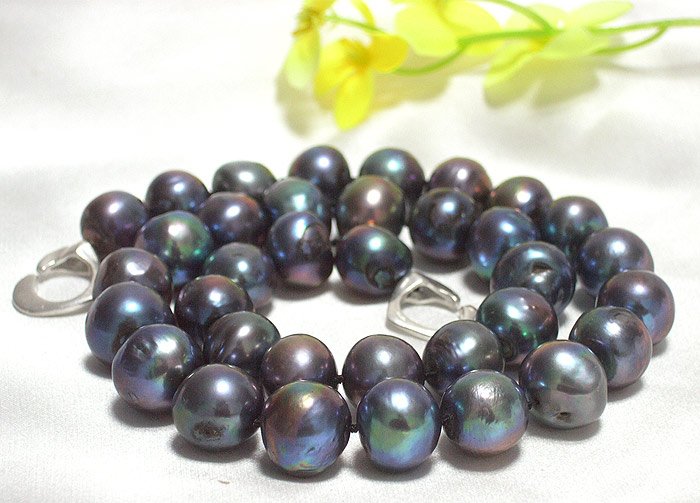 HUGE 11MM-13MM PAVONINE-BLACK PEARL NECKLACE