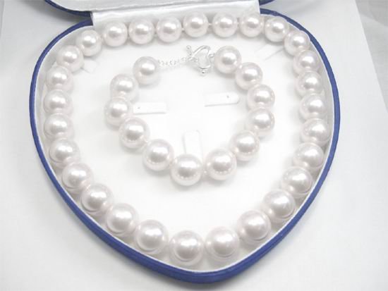 HUGE 14mm WHITE South Sea Shell Pearl Necklace & Bracelet