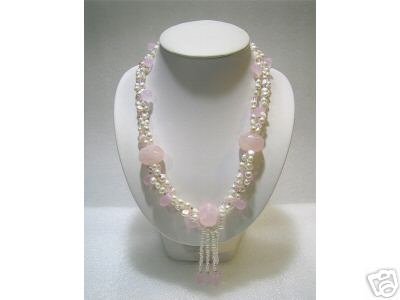 LONG 3ROWS CULTURED PEARL PINK JADE 925s Necklace