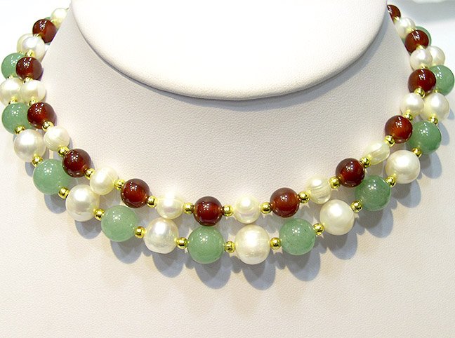 Luxcious 2rows pearl jade and agate bead necklace