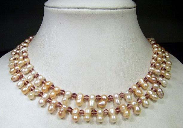 RARE 2rows 16-17'' FW Cultured Pearl & crystal Necklace