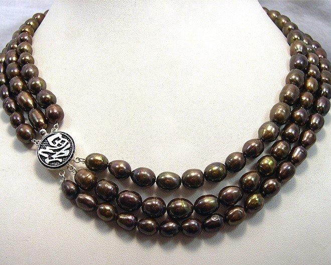 RARE 3ROWS Genuine Cultured Deep Coffee Necklace 925S