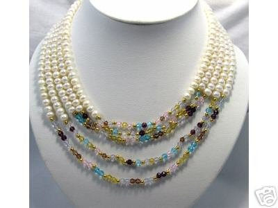 RARE 5row White Genuine Cultured Pearl Crystal Necklace