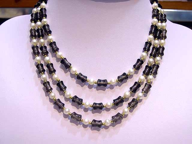 Rare 3rows Crystal & Cultured Pearl NECKLACE 925s