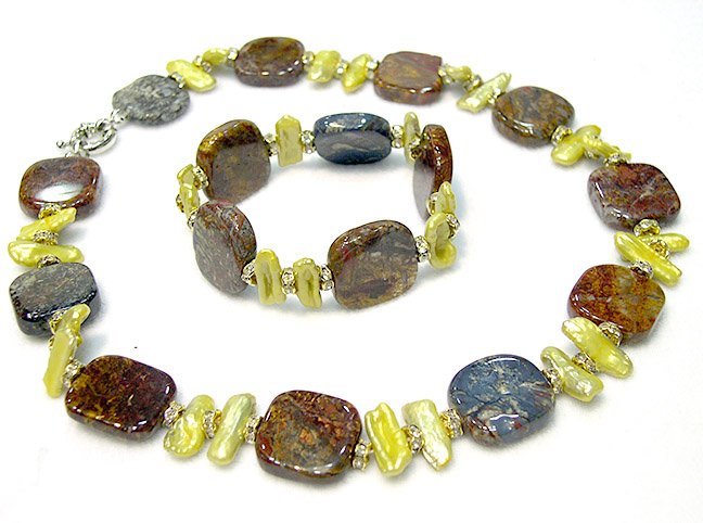 SINGLE GOLD CULTURED PEARL&STONES NECKLACE & BRACELET