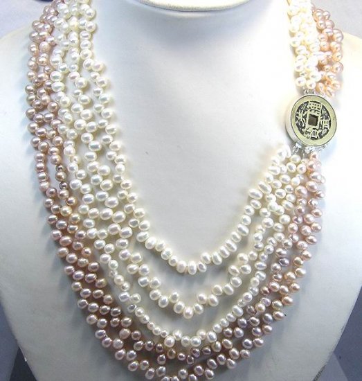 STUNNING 5ROW WHITE LAVENDER CULTURED PEARL NECKLACE