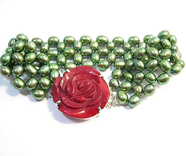 STUNNING 5ROWS GENUINE PEARL BRACELET ROSE CORAL 925S