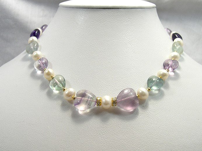 STUNNING GENUINE PEARL FLUORITE STONE HEART NECKLACE