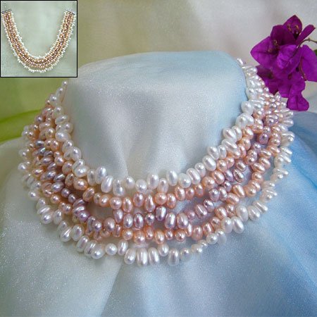 SUPERB 5ROWS 3-COLOR CULTURED PEARL NECKLACE 925