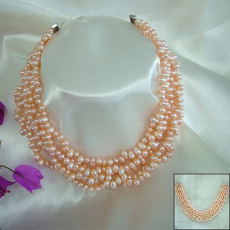 SUPERB 5ROWS PINK CULTURED PEARL NECKLACE 925