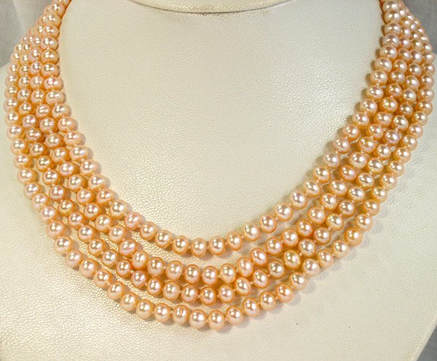 Superb 4rows PINK Genuine FW Pearl Necklace 925S