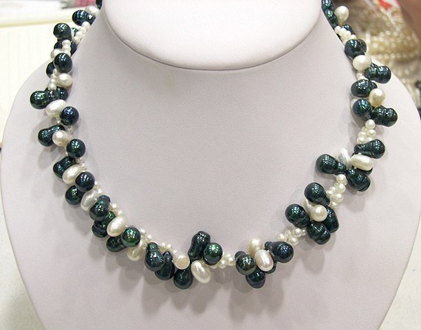 UNIQUE 2rowS white BLUE cultured pearl necklace 925S