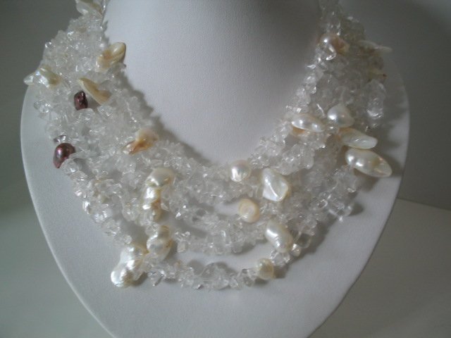 UNIQUE 5ROWS FW PEARL & CRYSTAL NECKLACE 925