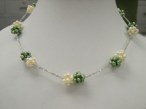 Unique 16'' 1row little white_green pearl ball Necklace