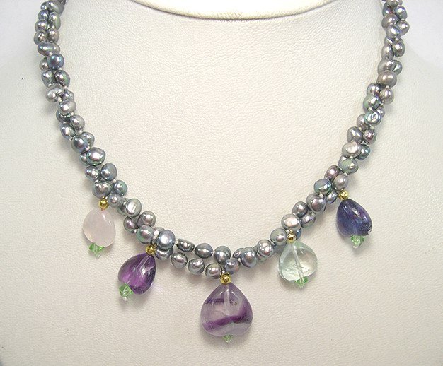 Unique 2rows SILVER-GREY Cultured Pearl & FLUORITE Necklace