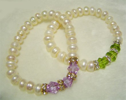 Wholesale 2-PCS Genuine Cultured Pearl & crystal Bracelets