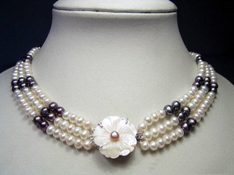 charming 3rows white black cultured pearl necklace